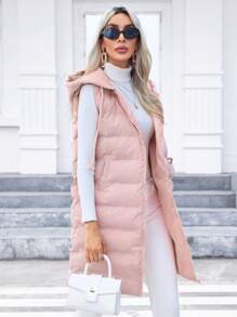 SHEIN Privé Slant Pockets Drawstring Hooded Vest Padded Coat