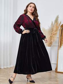 Modelyn Vestido de terciopelo rojo burdeos con mangas farol, encaje y cinturón - Burdeos - Ver 4