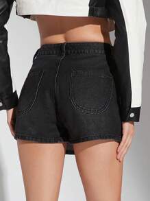 Denimoi Casual Split Front Overlay Ripped Denim Skort - Dark Wash - View 2