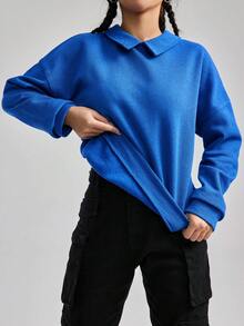 EURMUSE Solid Drop Shoulder Hoodie - Royal Blue - View 3