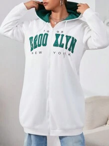 SHEIN EZwear Hơn Đồ họa Chữ cái Dây kéo Thả vai Áo nỉ - trắng - Xem 3