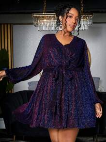 SHEIN CURVE+ 大碼交疊領腰帶亮片洋裝 - 紫色 - 查看 1