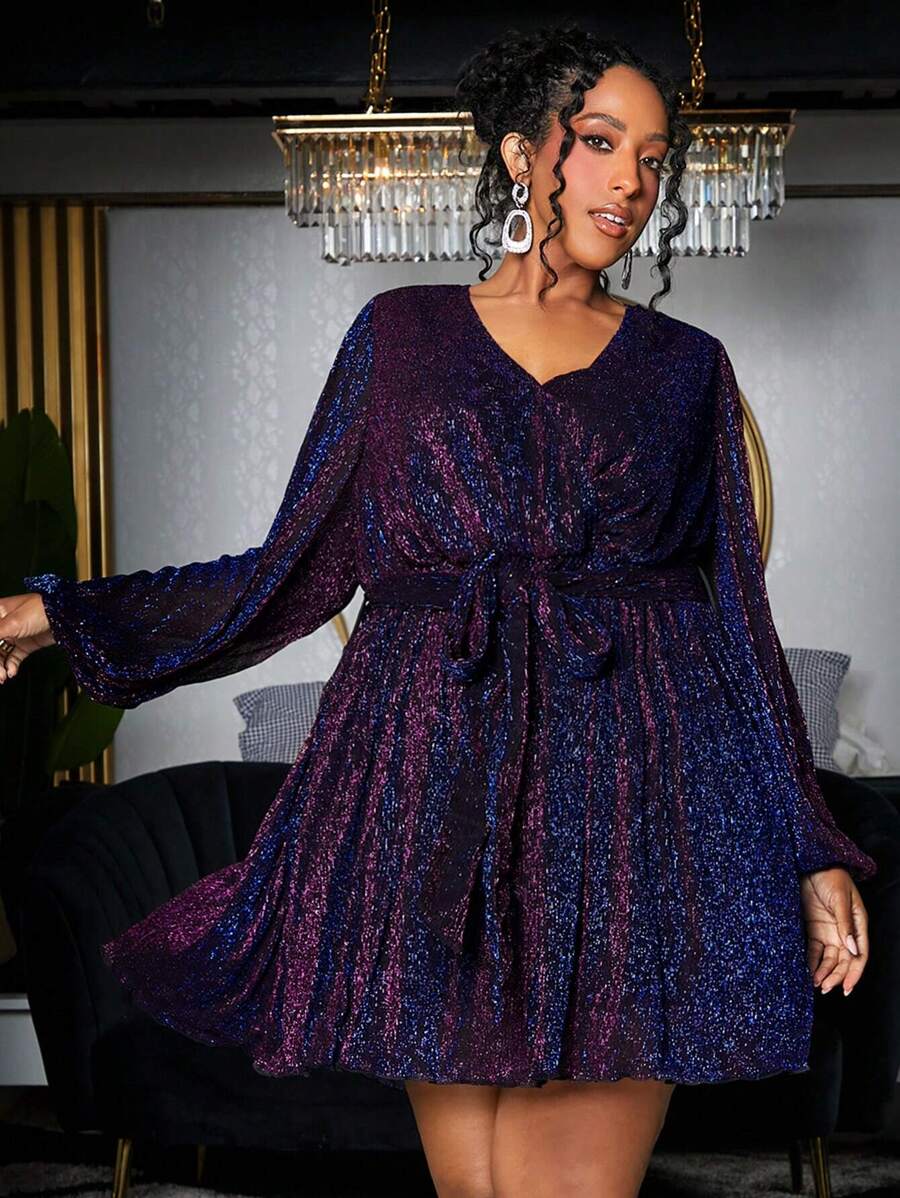 SHEIN CURVE+ 大碼交疊領腰帶亮片洋裝 - 紫色 - 查看 1