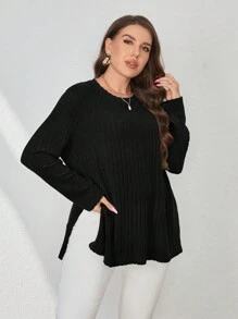 SHEIN Essnce 大碼下擺開叉條紋針織T恤 - 黑色 - 查看 3