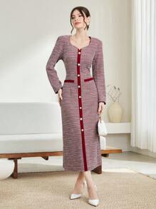 Modelyn Đầm dạ hội dài cài nút phía trước viền tương phản - Nhiều màu - Xem 1