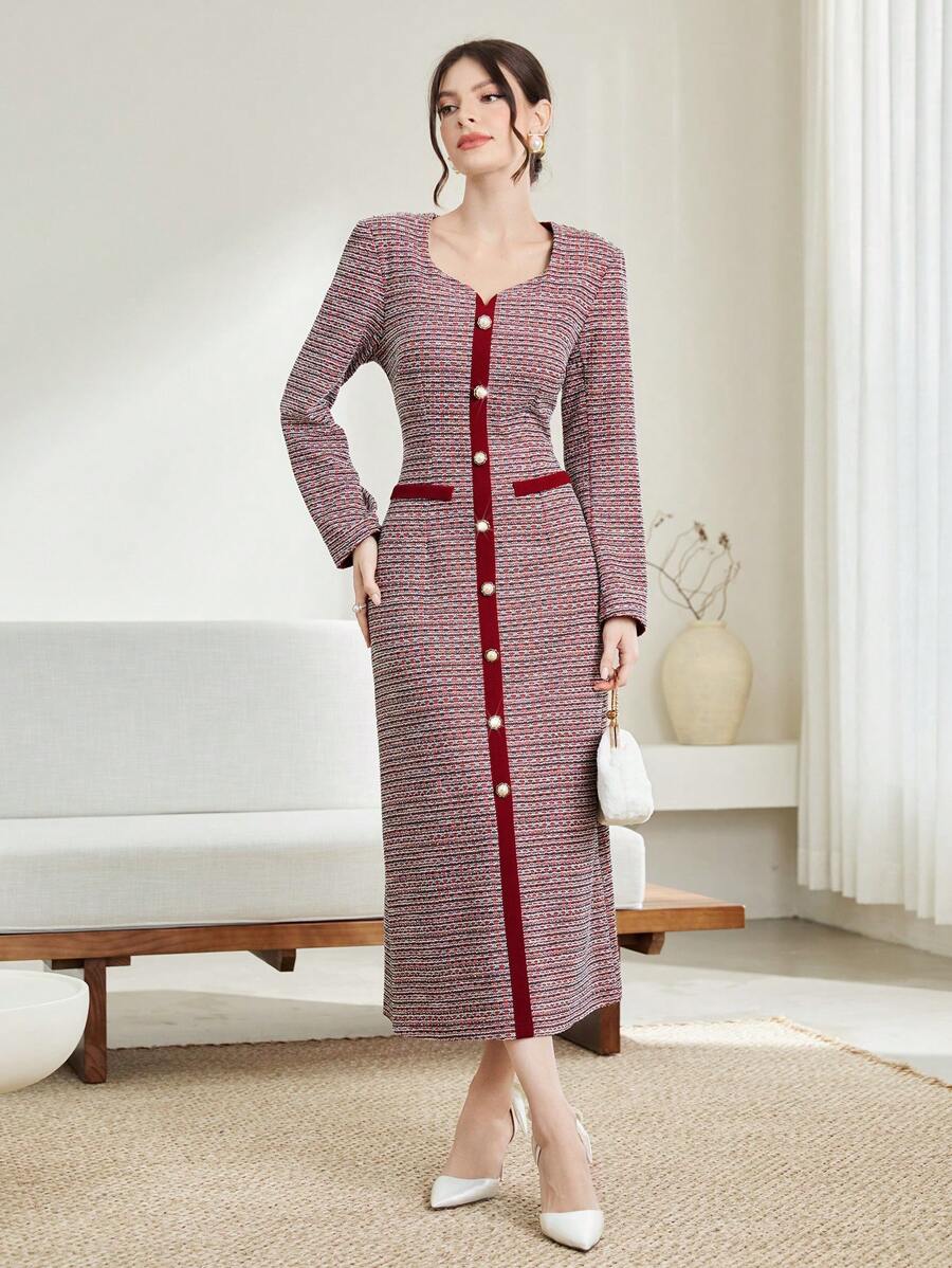 Modelyn Đầm dạ hội dài cài nút phía trước viền tương phản - Nhiều màu - Xem 1