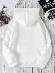 SHEIN EZwear 愛心圖案袋鼠口袋抽繩保暖連帽衫 - 白色 - 查看 2