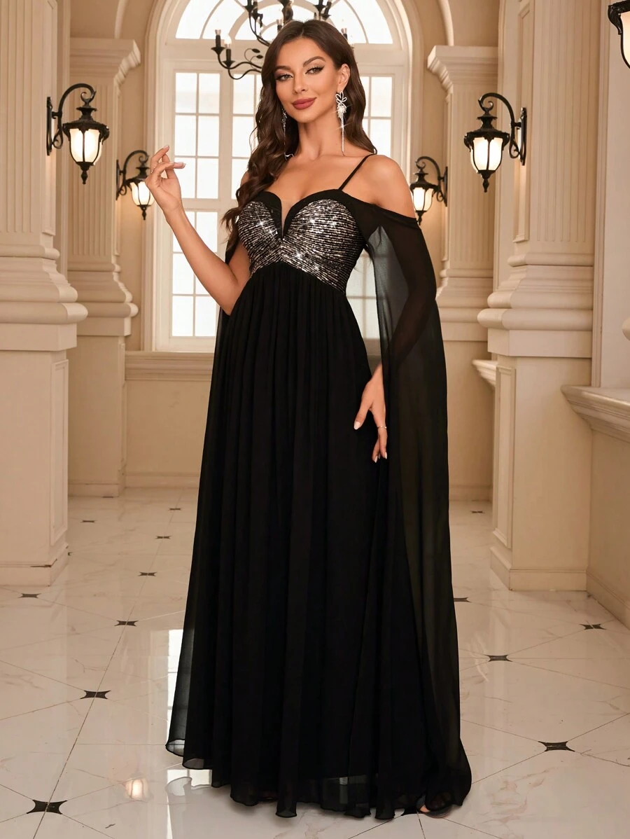 Cold Shoulder Contrast Sequin Prom Dress - Black - View 1