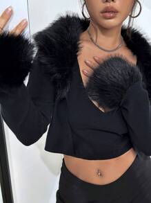 Flirla Cárdigan corto con borde de pelo, tops de manga larga