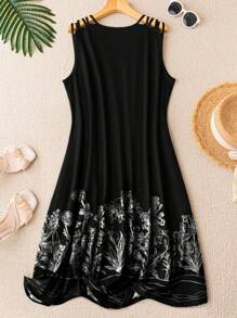 SHEIN LUNE Plus Floral Print Cut Out Tank Dress - Black - View 2