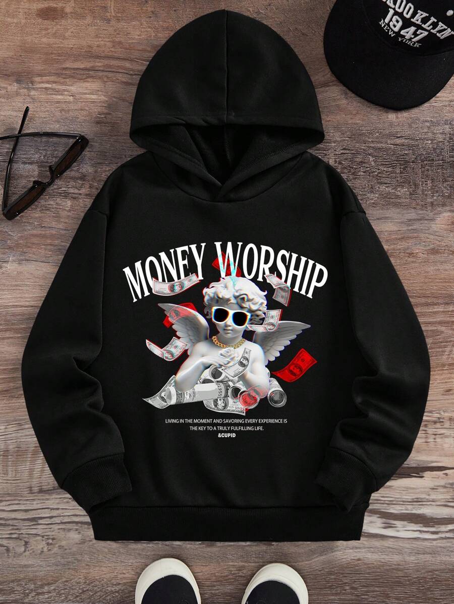 SHEIN Tween Boy Angel Slogan Print Loose Fit Hoodie Sweatshirt, Casual For Autumn/Winter - Black - View 1