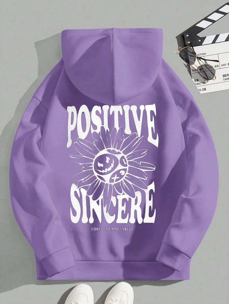 Manfinity RebelGame 宽松男士花卉与字母印花保暖内衬连帽衫 - 紫色 - 查看 1