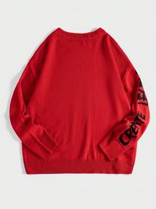 SHEIN EZwear 大碼骷髏&字母圖案套頭毛衣 - 酒紅色 - 查看 2