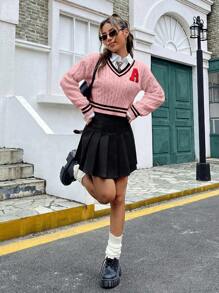 SHEIN EZwear Letter Patched Striped Trim Drop Shoulder Cricket Sweater Without Blouse - Pink - View 4