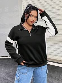 SHEIN EZwear Plus Sweat-shirt À Blocs De Couleurs Zippé Épaule tombante