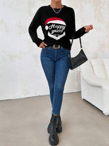 EURMUSE Christmas Pattern Drop Shoulder Sweater - Black - View 3