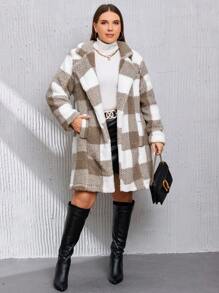 SHEIN Clasi 大碼格紋印花開門襟絨毛外套 - 杏色 - 查看 4