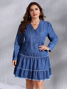 SHEIN LUNE Hơn Raw Hem Đầm Denim - Rửa nhẹ - Xem 5