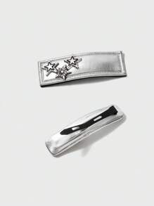 3入組/套時尚酷女孩銀PU皮革星星髮夾套裝適用於街頭風,日常穿著,攝影,和旅行 - 銀色 - 查看 4