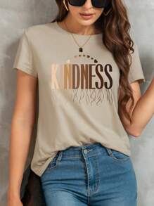 SHEIN Essnce 字母圖案T恤 - 卡其色 - 查看 3