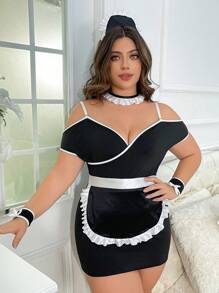 Plus 6pack Contrast Binding Ruffle Trim Maid Costume Set - Black and White - View 5