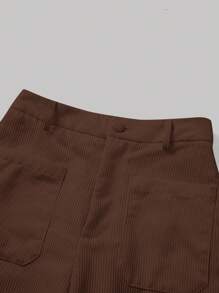 SHEIN MOD Solid Corduroy Straight Leg Brown Patch Pocket Pants - Rust Brown - View 3