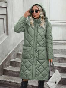 SHEIN LUNE 女士菱形格纹缝线螺纹连帽加厚棉服外套冬季 - 橄欖綠 - 查看 3