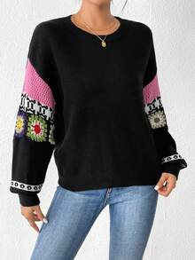 SHEIN LUNE 花卉圖案和幾何圖案落肩袖套頭毛衣 - 黑色 - 查看 3