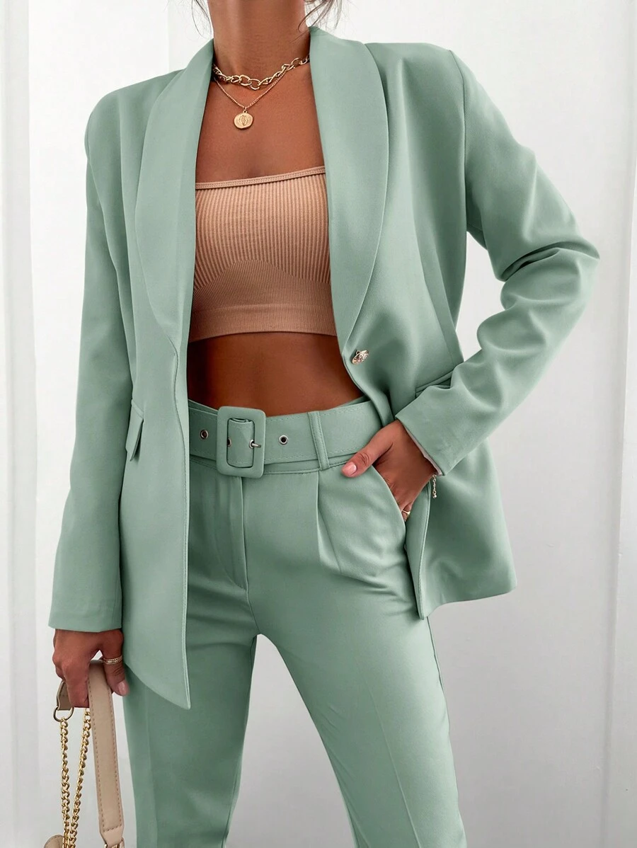 EURMUSE 楦頭翻領單鈕西裝 - 青碧色 - 查看 1