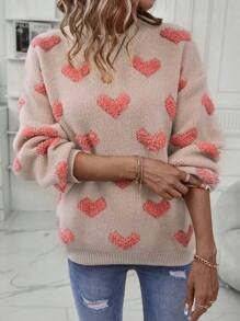 SHEIN Privé Heart Pattern Drop Shoulder Sweater - Multicolor - View 1