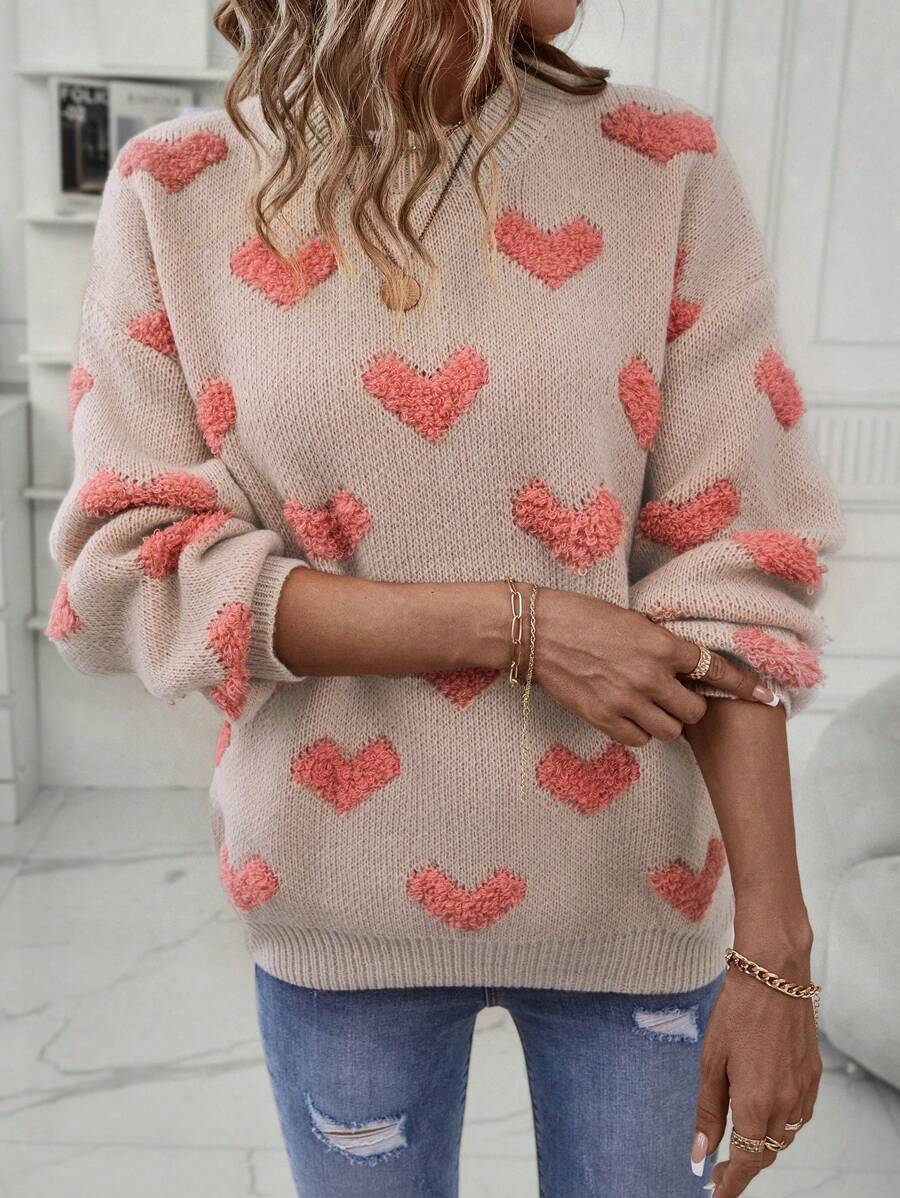 SHEIN Privé Heart Pattern Drop Shoulder Sweater - Multicolor - View 1