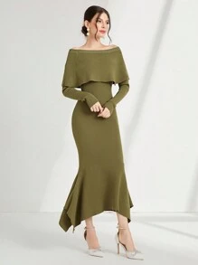 Modelyn Off Shoulder Asymmetrical Mermaid Hem Sweater Dress - Army Green - View 3