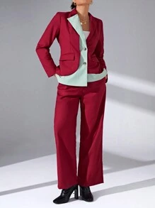 SHEIN Essnce Khối màu Cổ áo Áo vest & Quần ống rộng - Nhiều màu - Xem 5