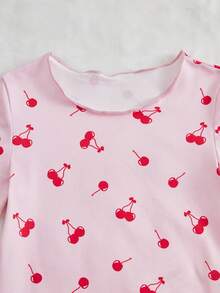 SHEIN Young Girl Knitted Cherry Pattern Top And Pants PJ Set - Pink - View 4
