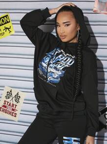SHEIN SXY Car & Letter Graphic Drop Shoulder Drawstring Hoodie - Black - View 4