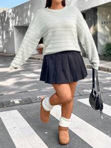 Flirla 加大码纯色落肩针织套头衫秋冬毛衣 - 白色 - 查看 4