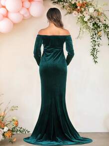 Maternity Elengant Velvet V-Neck Long Sleeve Slim Dress For Baby Shower Photoshoot