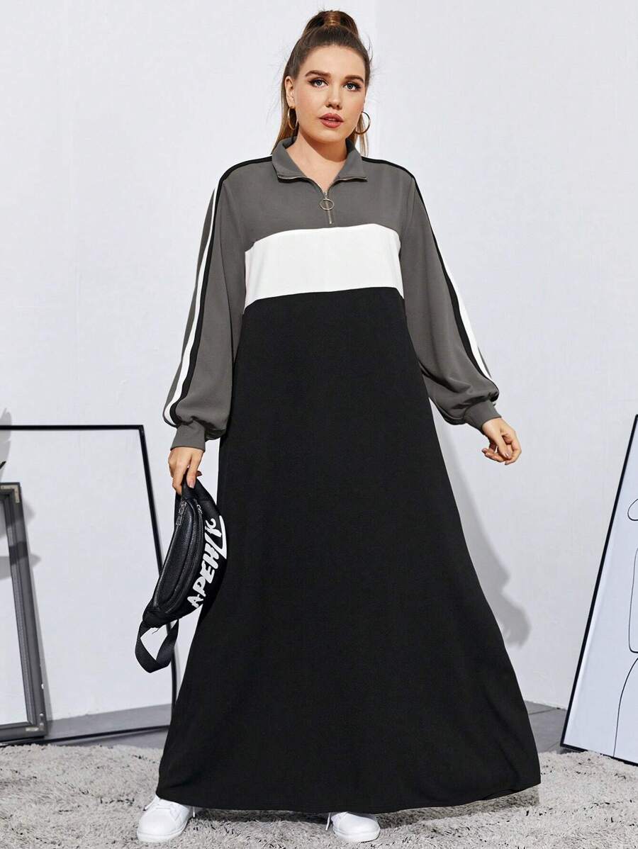 Mulvari Plus Colorblock Striped Side O-Ring Zip Half Placket Arabian Modest Long Sleeve Dress