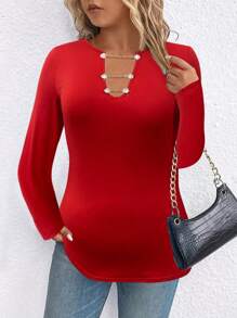 SHEIN LUNE Talla grande Camiseta con diamante de imitación & con diseño de cadena de cuello de muesca - Rojo - Ver 4