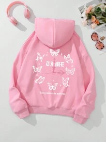 SHEIN EZwear Hoạt hình Bướm & Chữ cái Dây rút Lót nhiệt Hoodie - Hồng - Xem 1