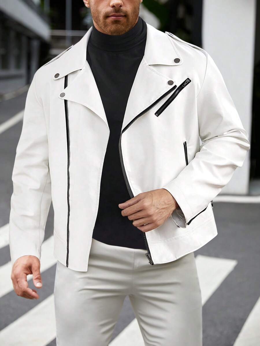 GENTILAND Áo khoác Moto dài tay có khóa kéo dáng rộng dành cho nam - trắng - Xem 1
