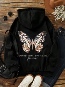 SHEIN EZwear Butterfly Print Kangaroo Pocket Drawstring Thermal Lined Hoodie - Black - View 2