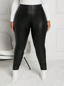 SHEIN CURVE+ Kích thước lớn Đàn hồi chất liệu da PU Của phụ nữ Xà cạp Quần , Mùa Đông - màu đen - Xem 5