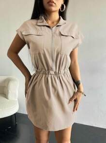 Zolique Flap Pocket Half Zip Elastic Waist Dress - Khaki - View 5