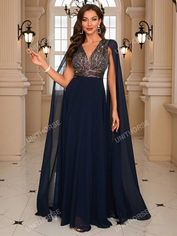 UNITHORSE Contrast Sequin Cloak Sleeve Prom Dress Elegant Long Sleeve Formal Evening Wedding Guest Gown, For Graduation, Dinner Party Dress