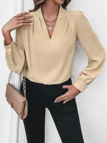 SHEIN Frenchy Solid V Neck Bishop Sleeve Blouse - Khaki - View 6