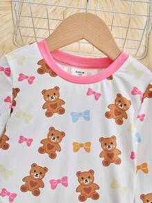 SHEIN Cô Gái Trẻ Gấu & In nơ Tương phản ràng buộc Vừa Khít Bộ PJ - Nhiều màu - Xem 3