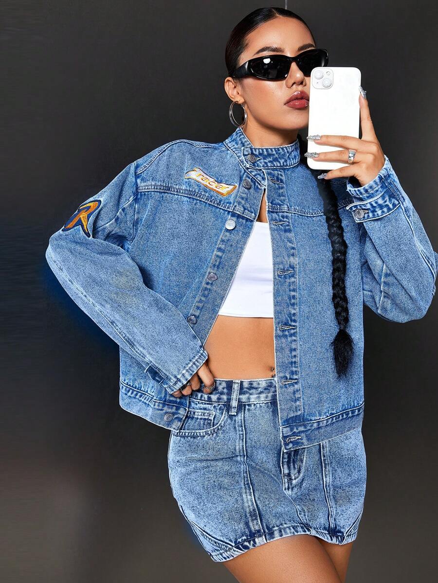 SHEIN ICON 字母補丁細節落肩袖牛仔夾克 - 中等水洗藍 - 查看 1