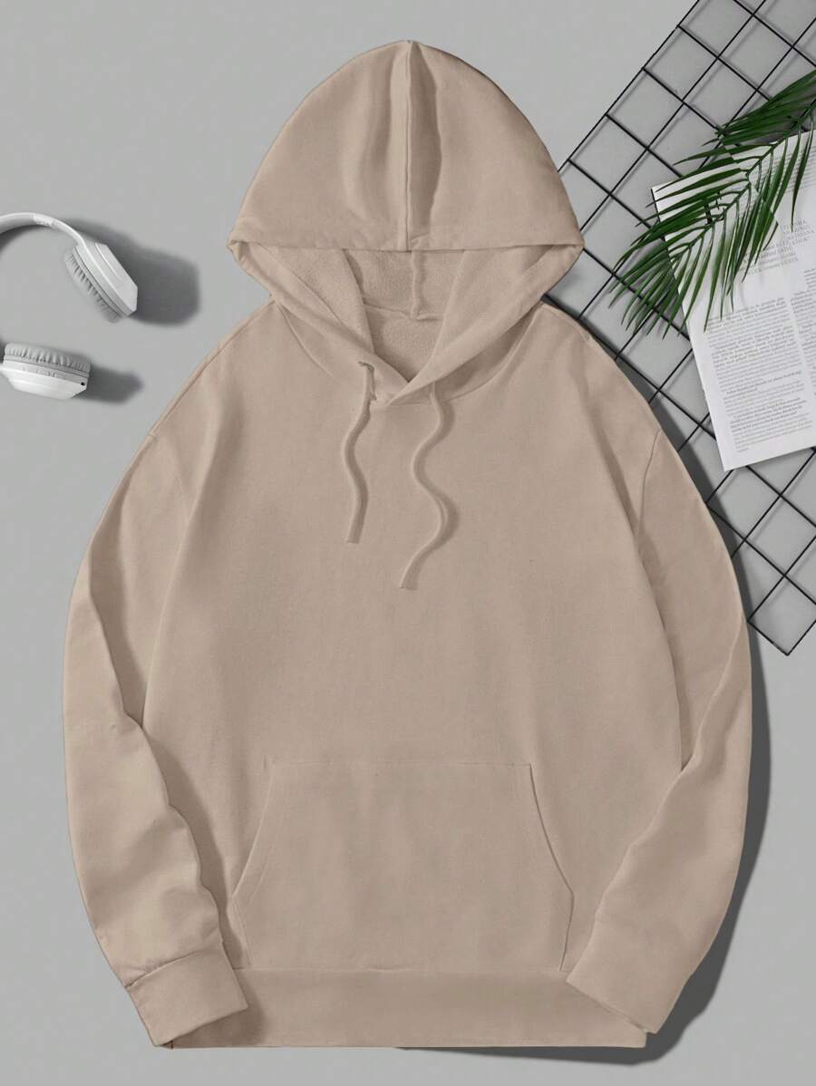 RueChic Men Kangaroo Pocket Drawstring Hoodie - Beige - View 1