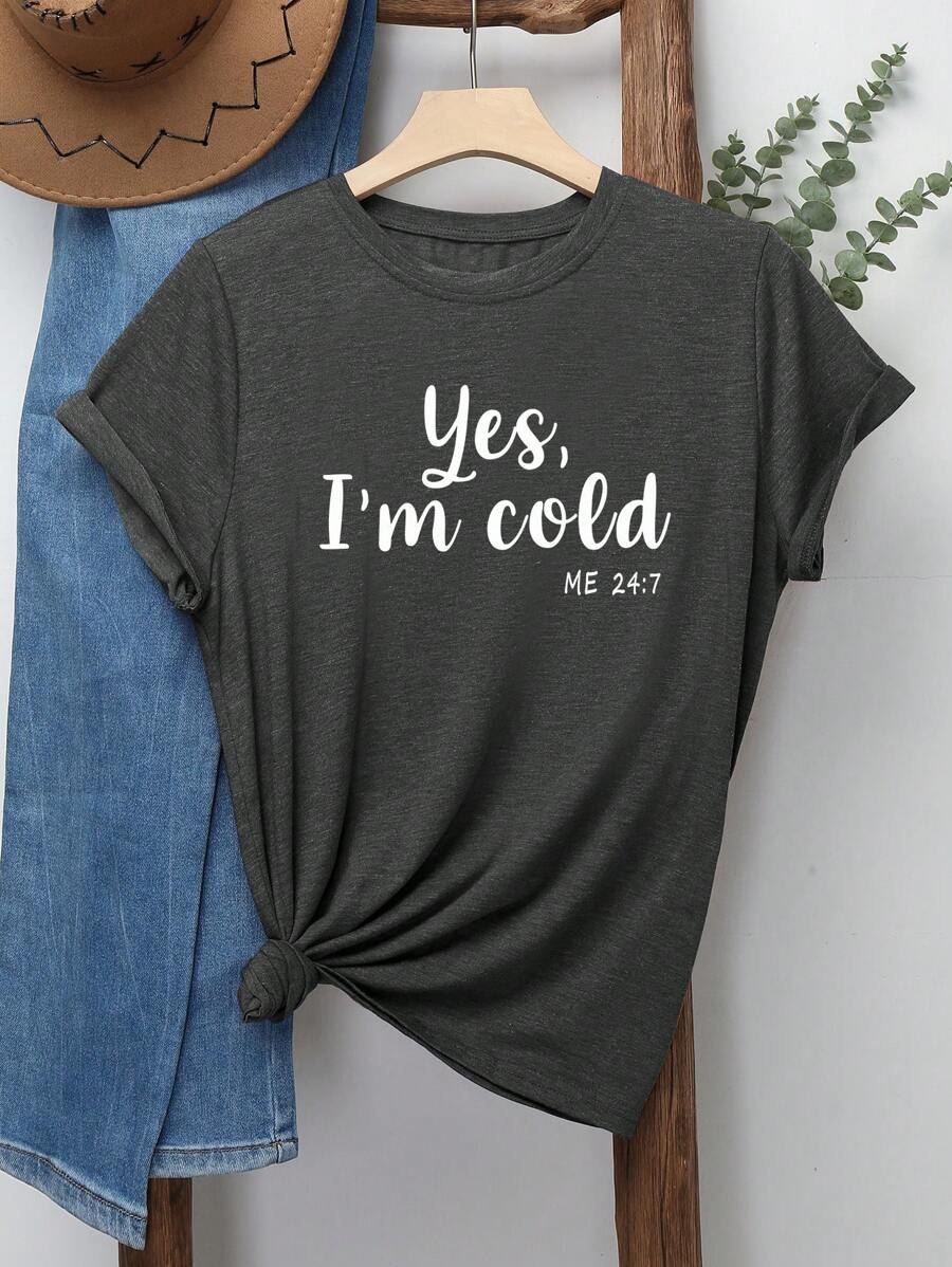 SHEIN EZwear 標語圖案T恤 - 深灰色 - 查看 1